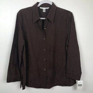 NWT RAFAEL Women Silk Blend Button Up Blouse Brown Floral Embroidery